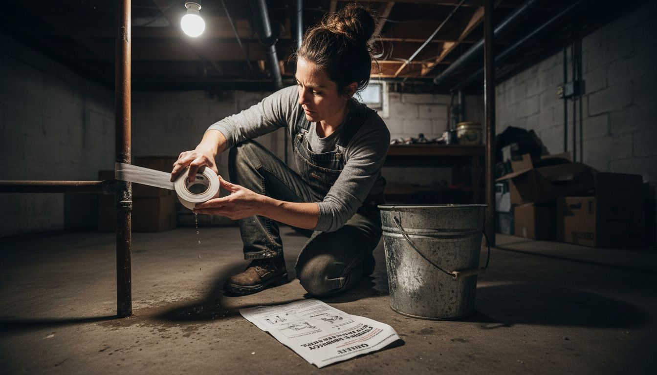 Temporary waterproof tape repair on dripping pipe