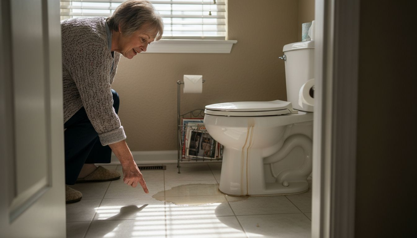 Woman inspecting toilet base leak