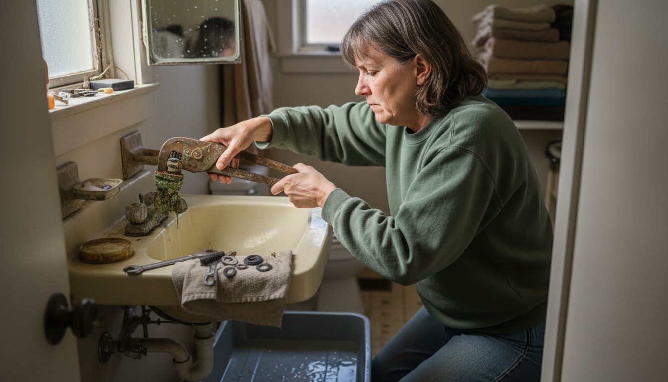 Person removing faucet from porcelain sink