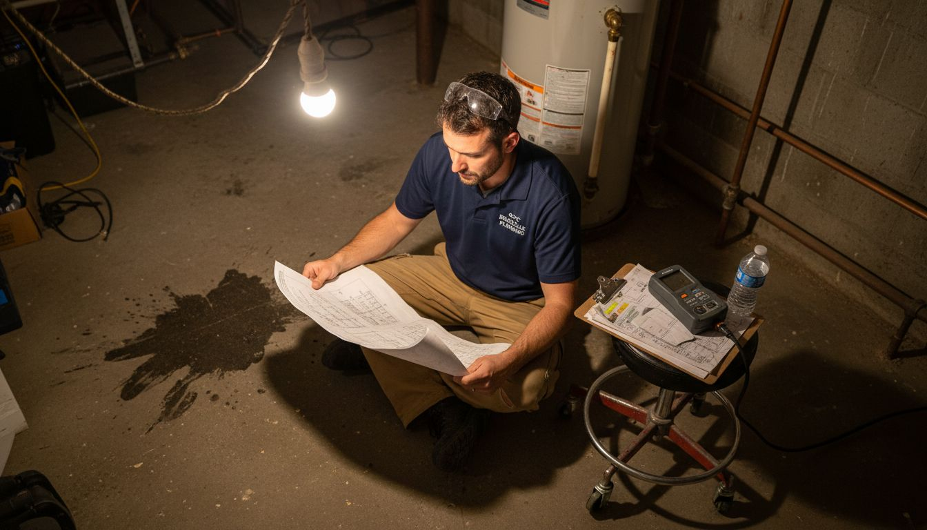 Plumber studying blueprints for system diagnostics