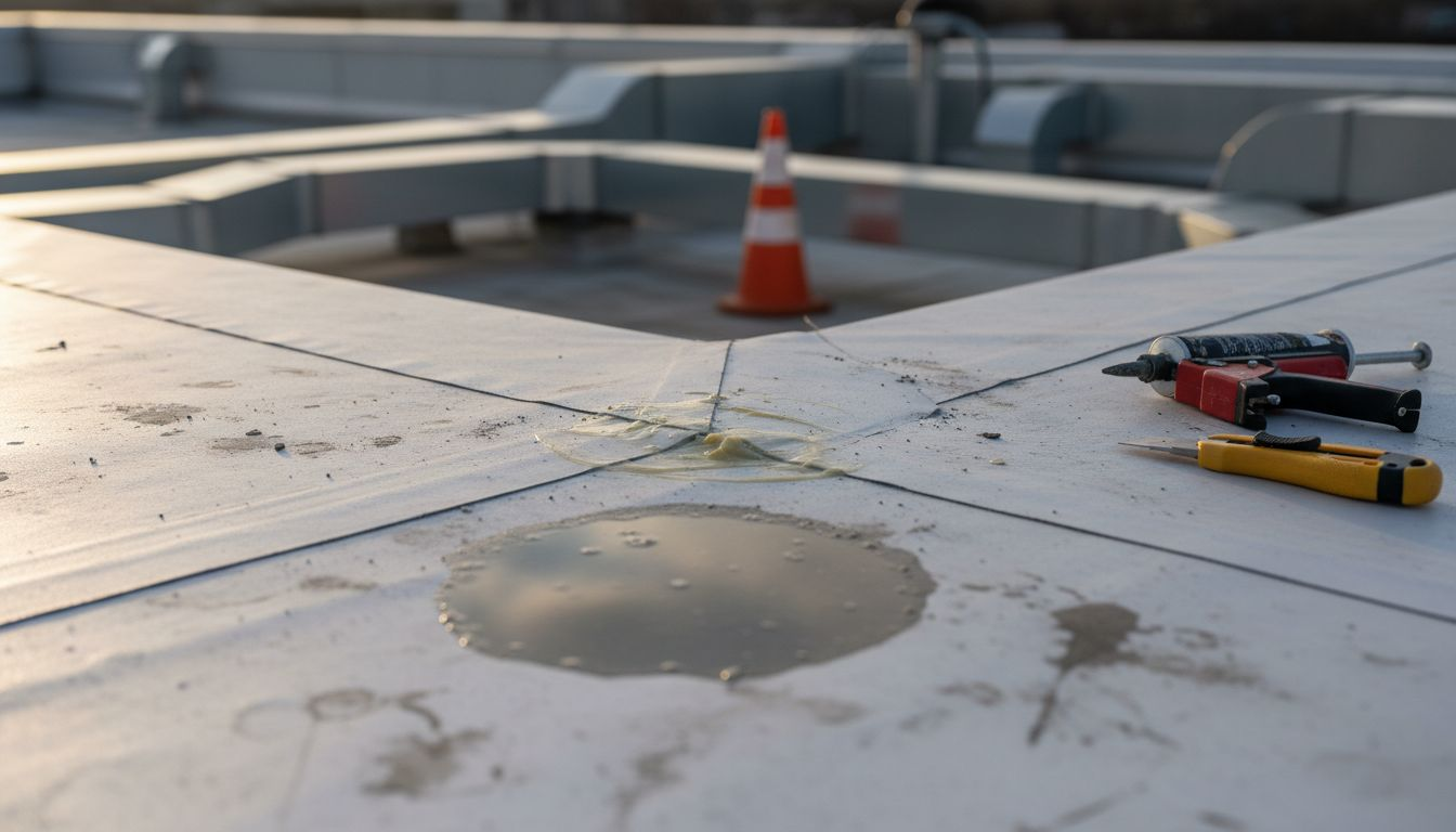 Single ply roofing seam close-up with tools