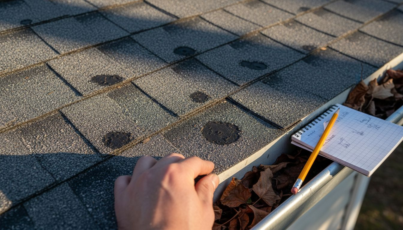 Close-up hail damaged roof shingles