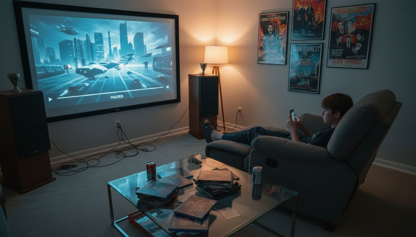 Living room with projection screen and teen