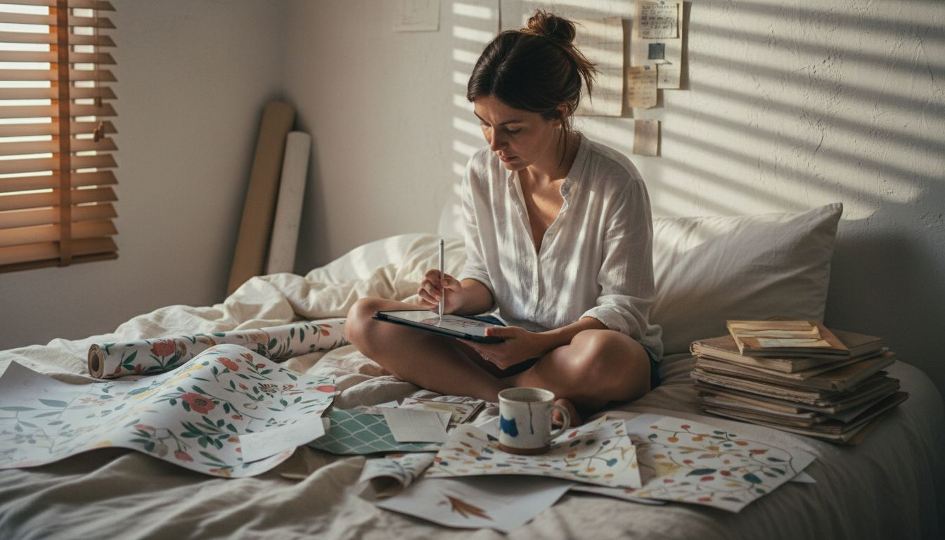 Designer sketching ideas in bedroom workspace