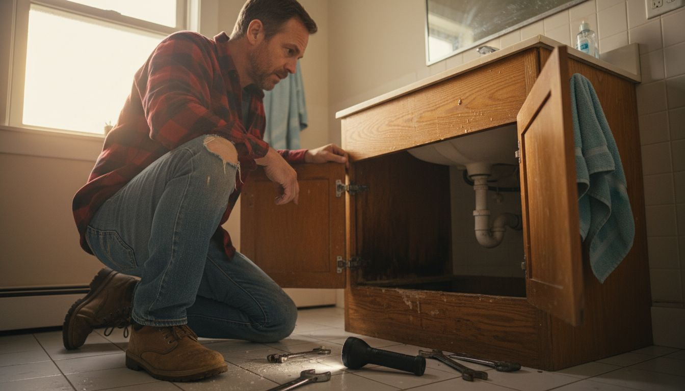 Handyman inspects leaky bathroom pipe damage