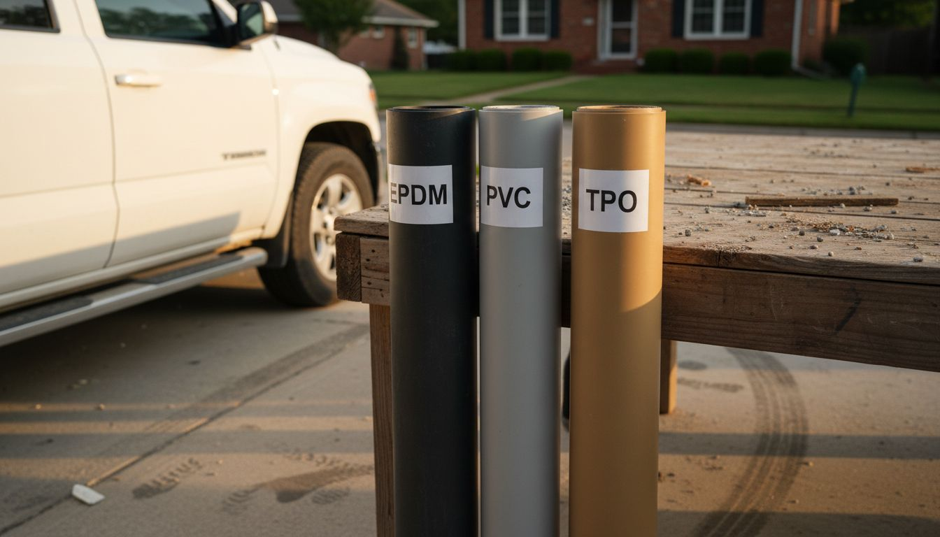 EPDM, PVC, and TPO membrane rolls on bench