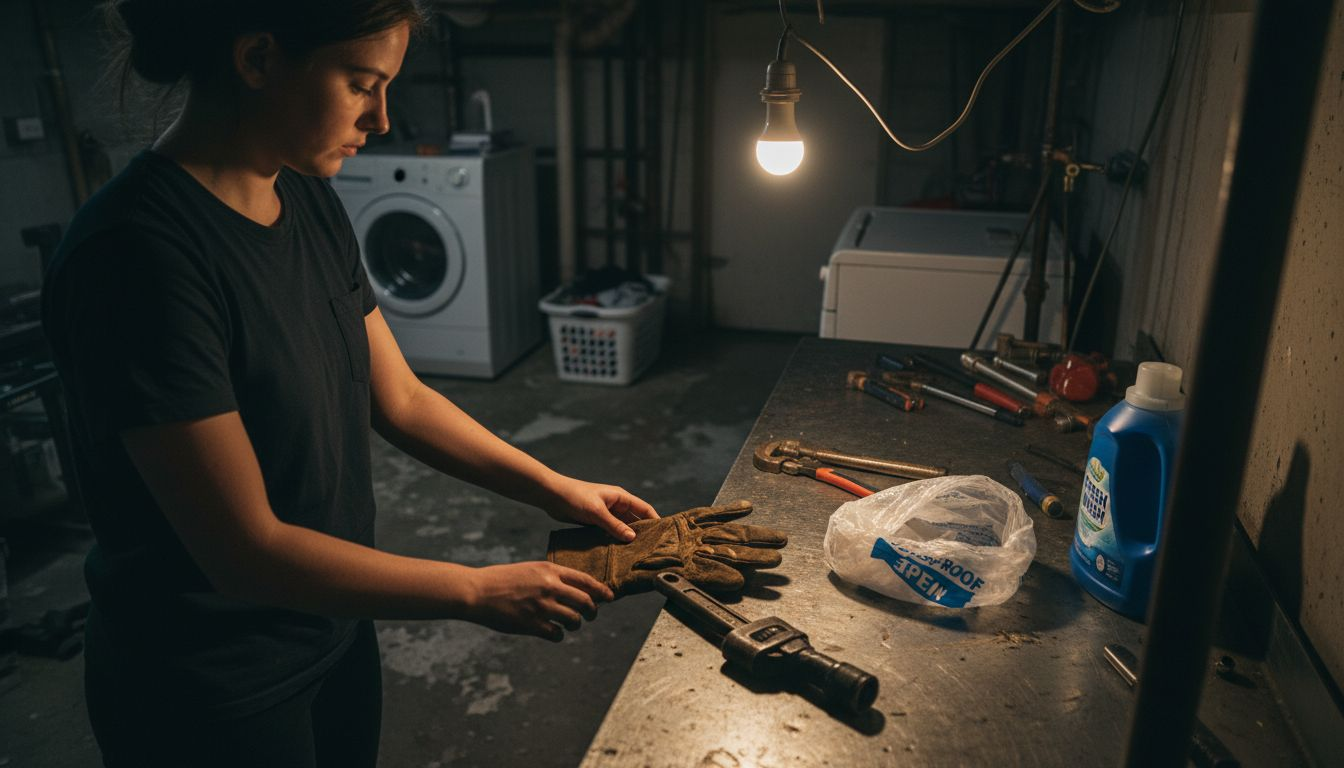 Person arranging pipe repair tools and gear