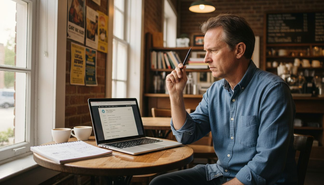 Cafe manager updating online business listing