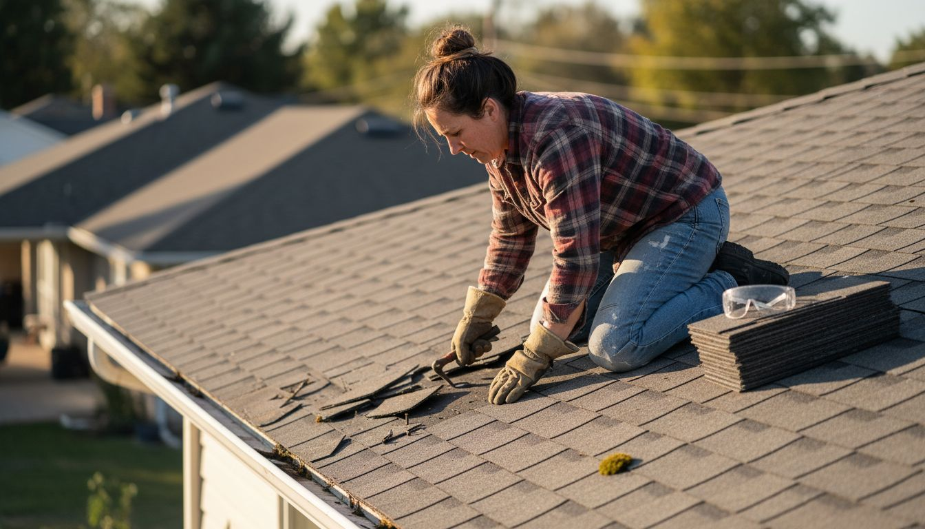 Homeowner lifting roof shingles after storm