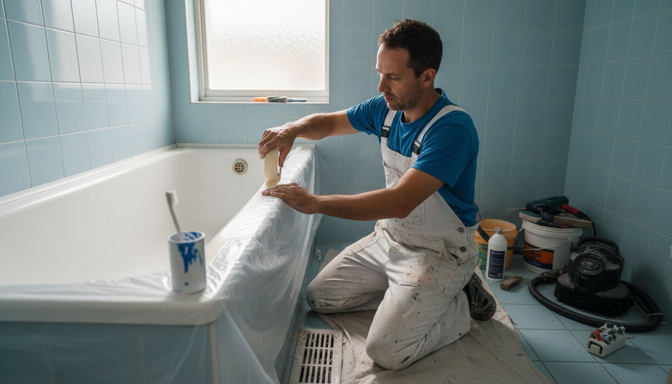 Technician preparing bathtub for ceramic resurfacing