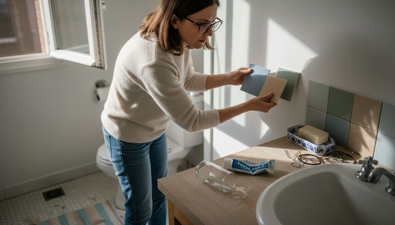 Homeowner assessing ceramic tile color samples