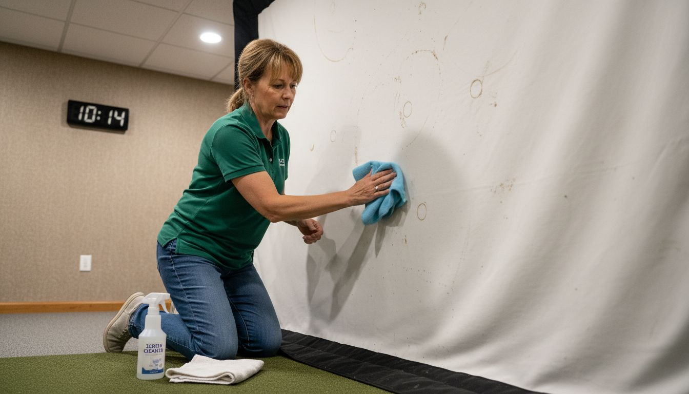 Careful cleaning of golf simulator screen