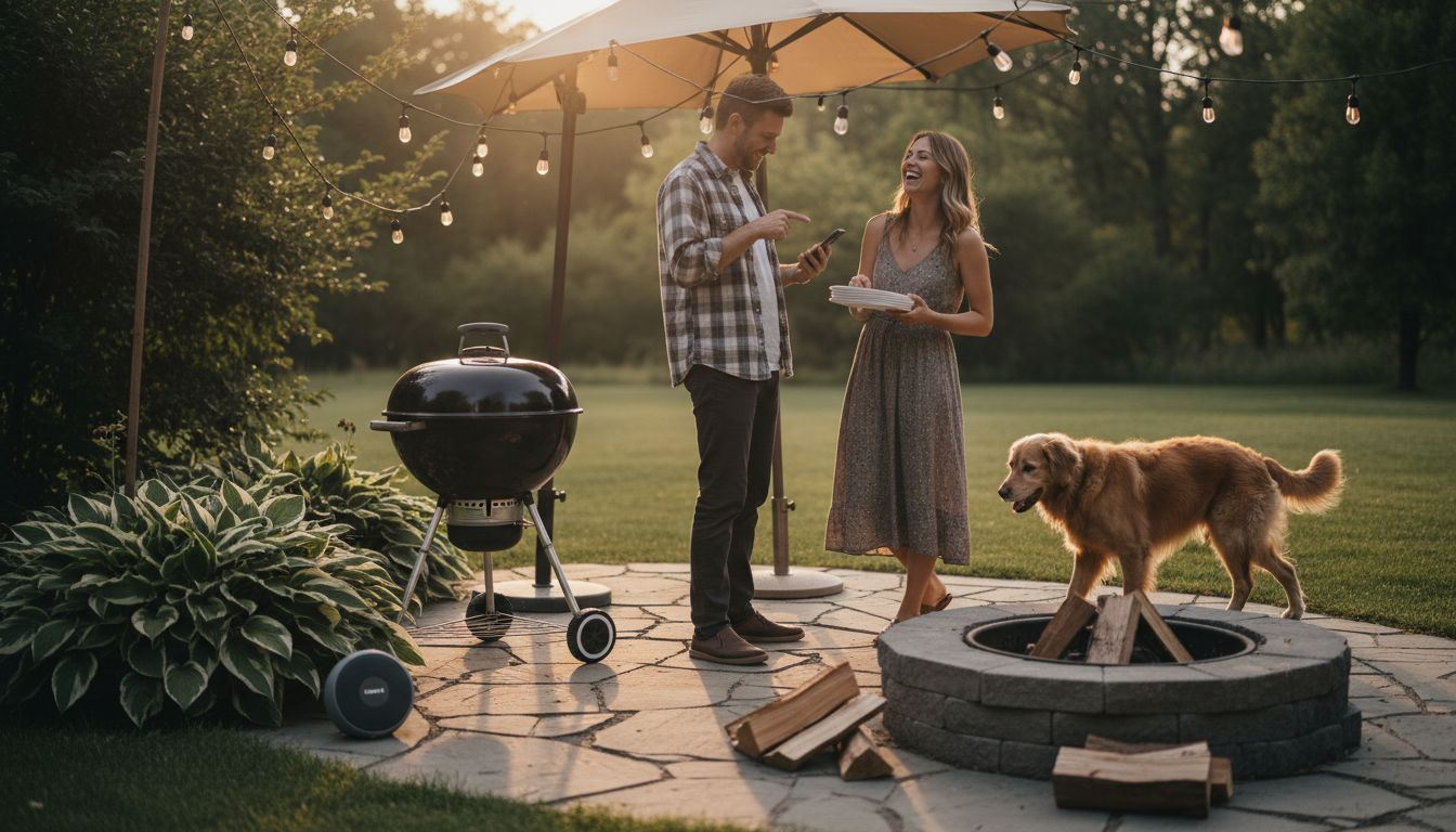 Outdoor gathering with hidden landscape speakers