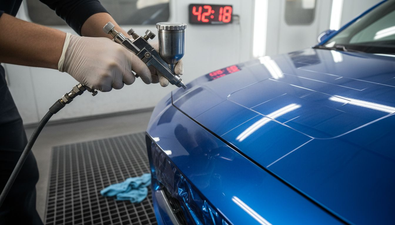 Closeup of ceramic coating spray on car hood