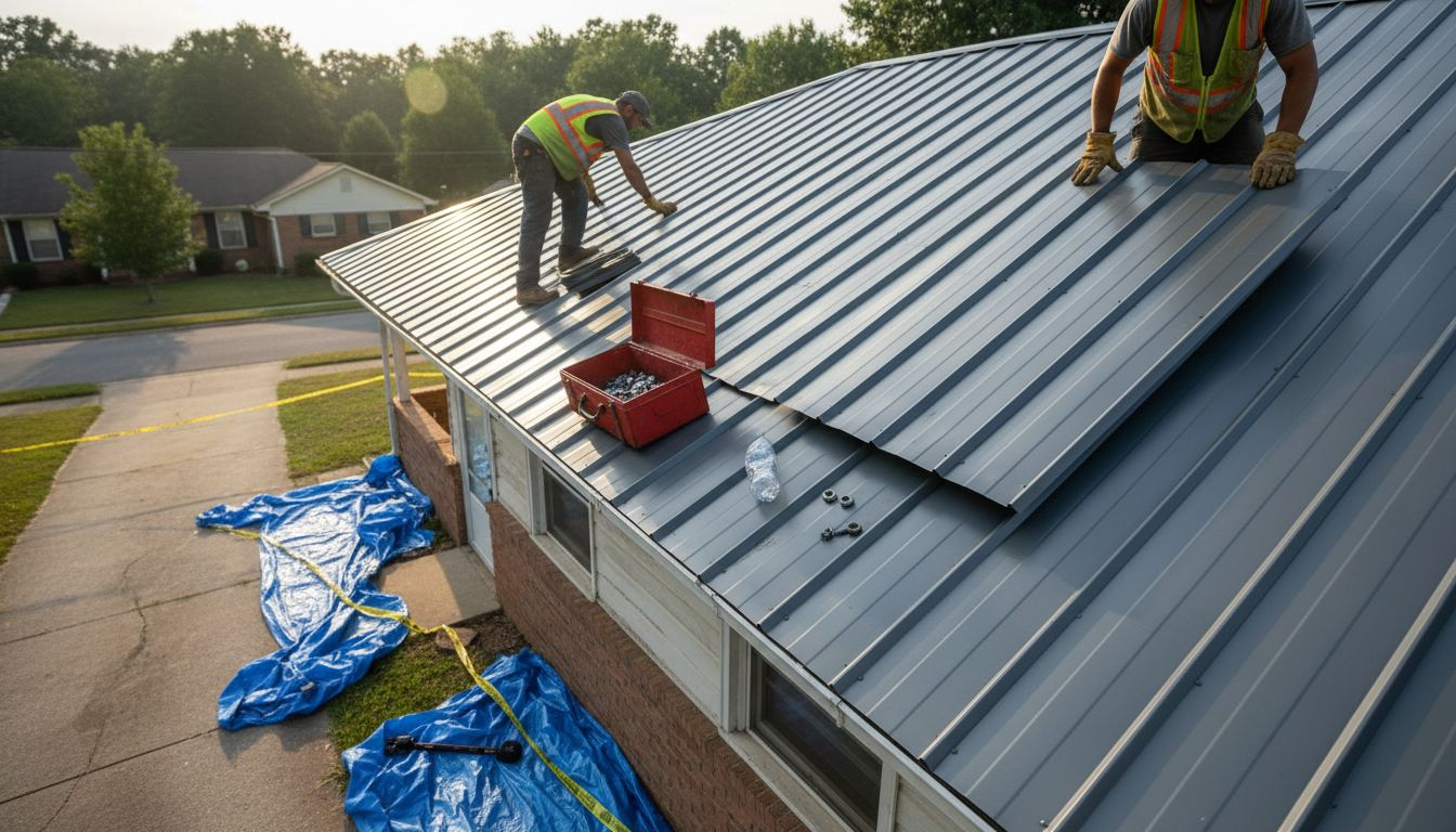 Workers installing metal roof panels Charlotte home