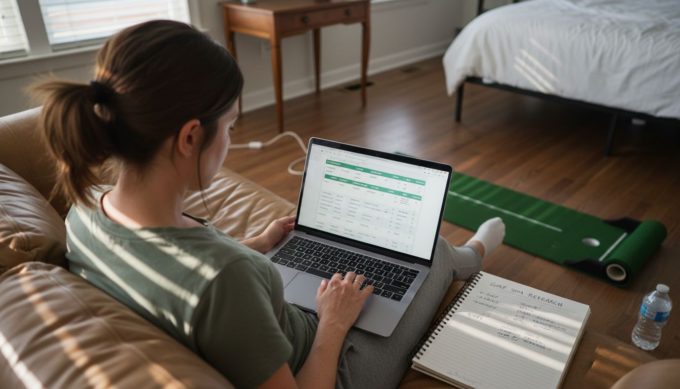 Woman reviewing golf simulator software features
