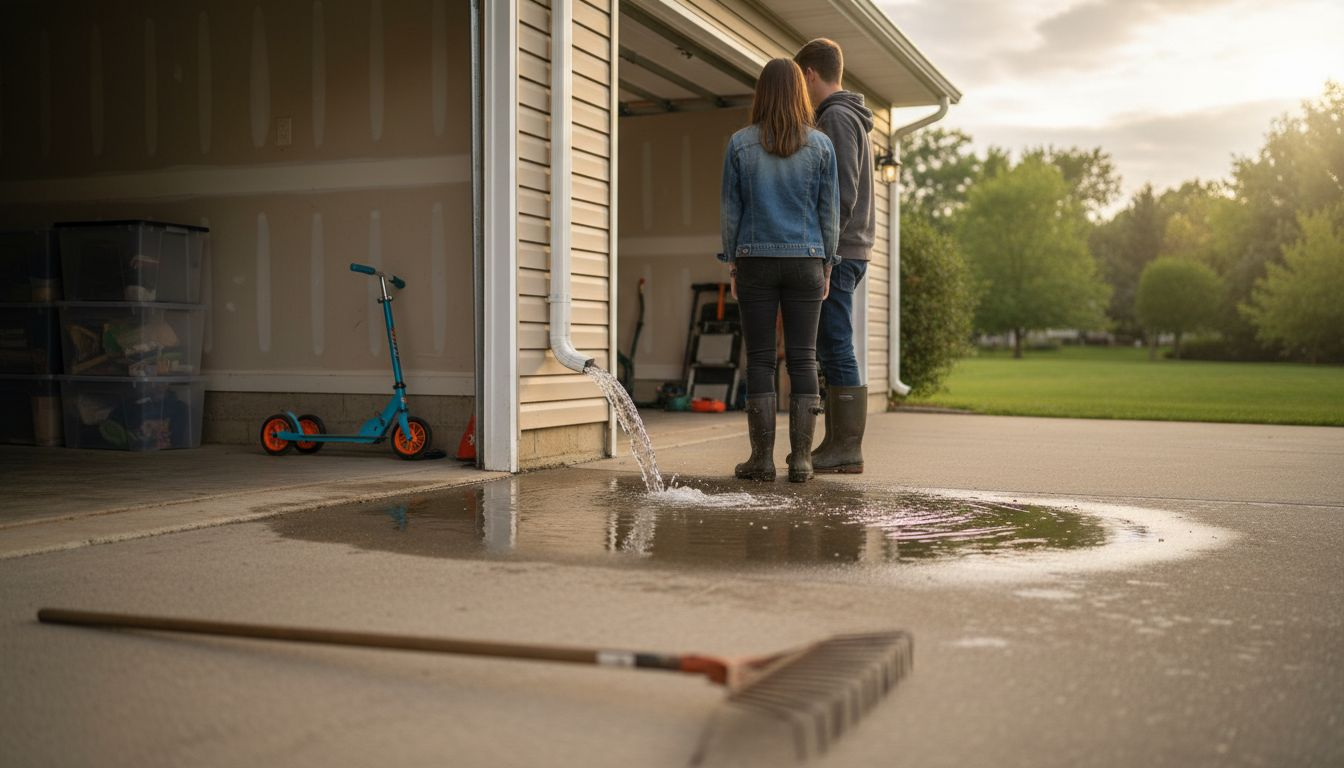 Clean gutters channeling rain near house foundation