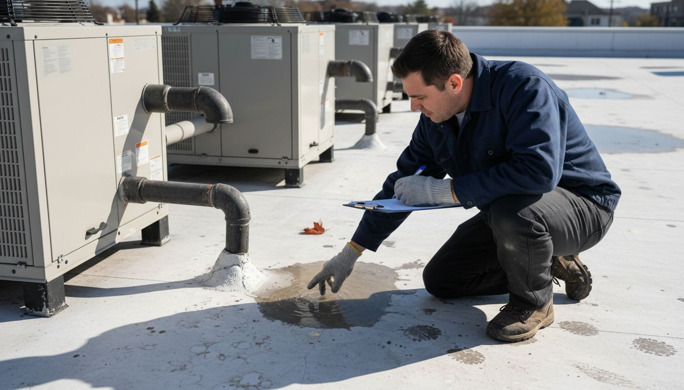 Manager inspecting damaged spot on flat roof