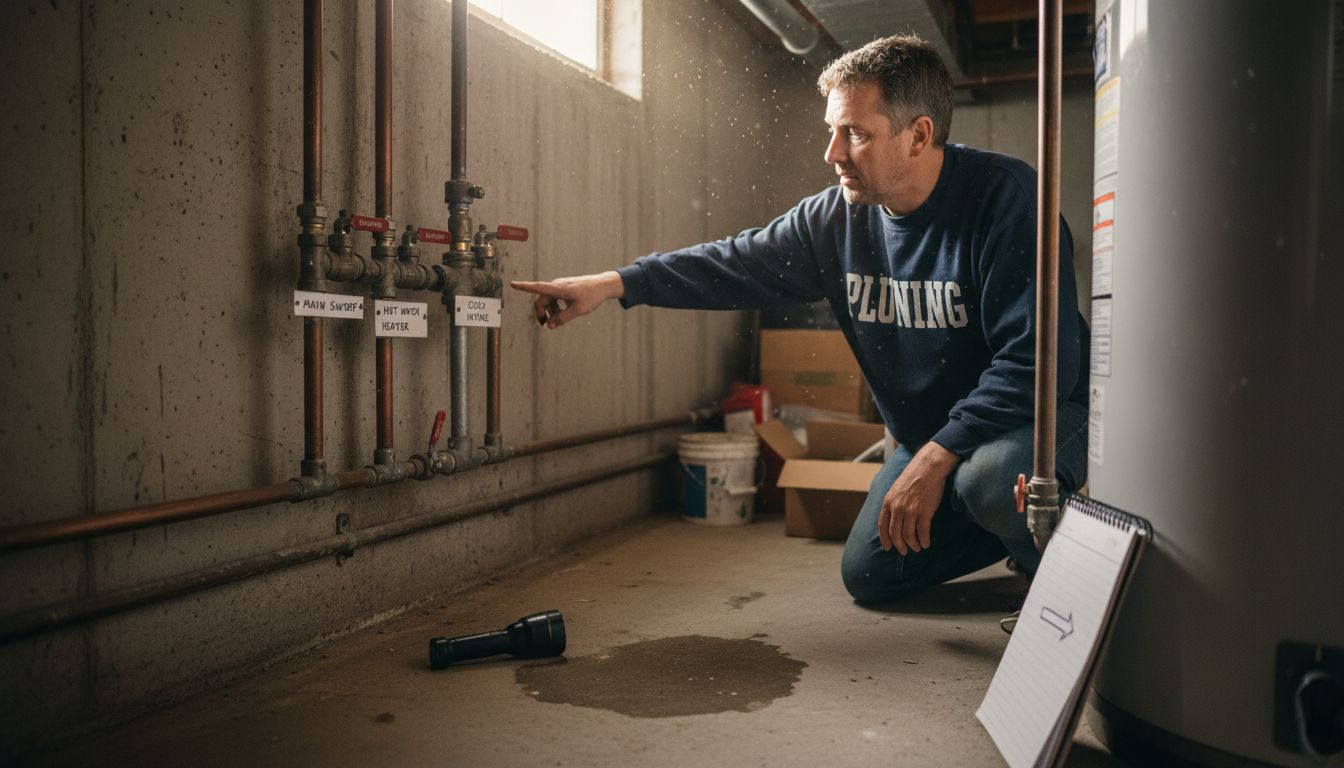 Homeowner identifying labeled plumbing shutoff valves