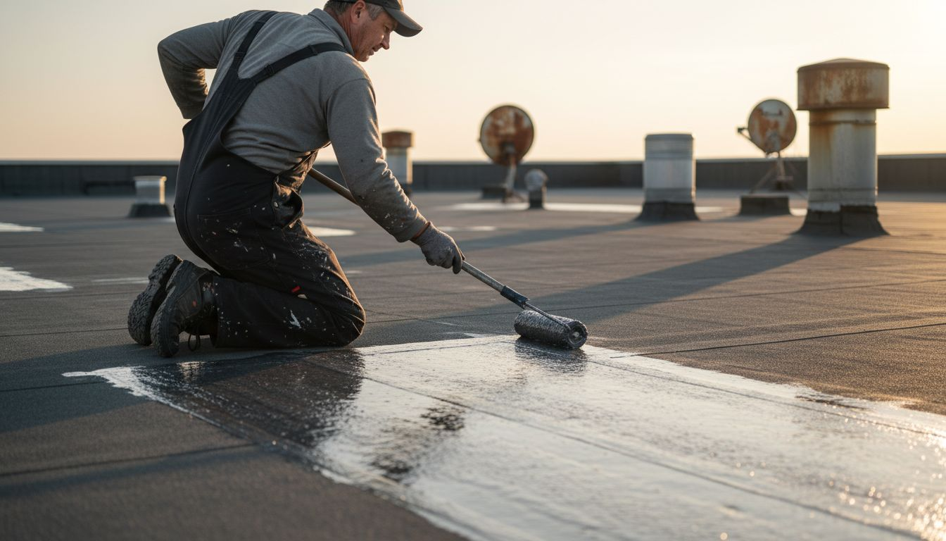 Contractor applies polyurethane waterproofing on roof