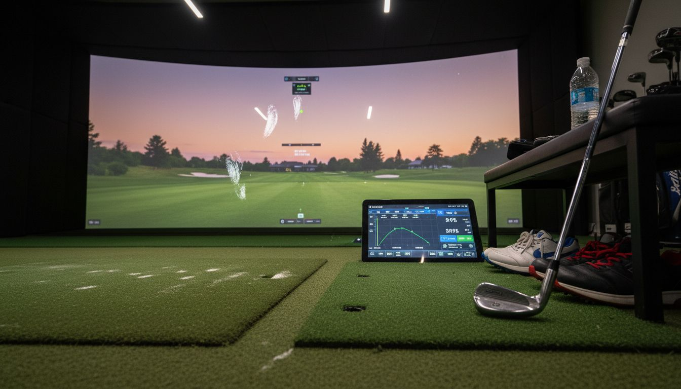 Golf simulator screen and analytics controls