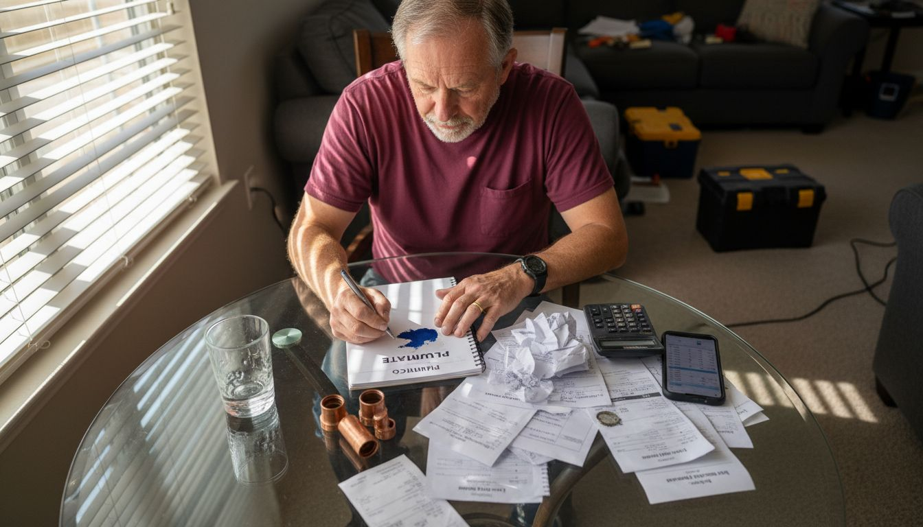 Plumber breaks down estimate at cluttered table