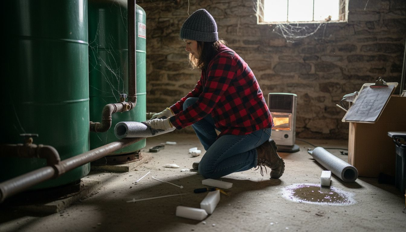 Homeowner adding insulation to exposed pipes