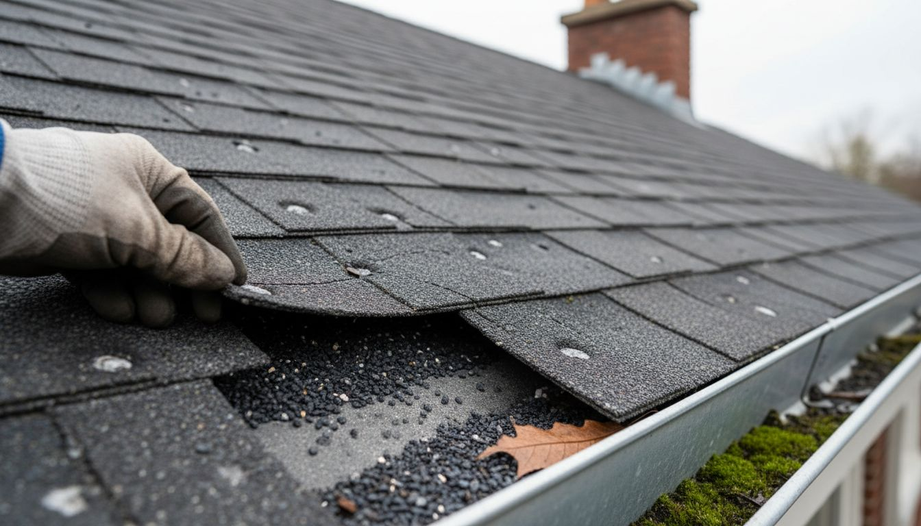 Hail dents and cracks on roof shingles