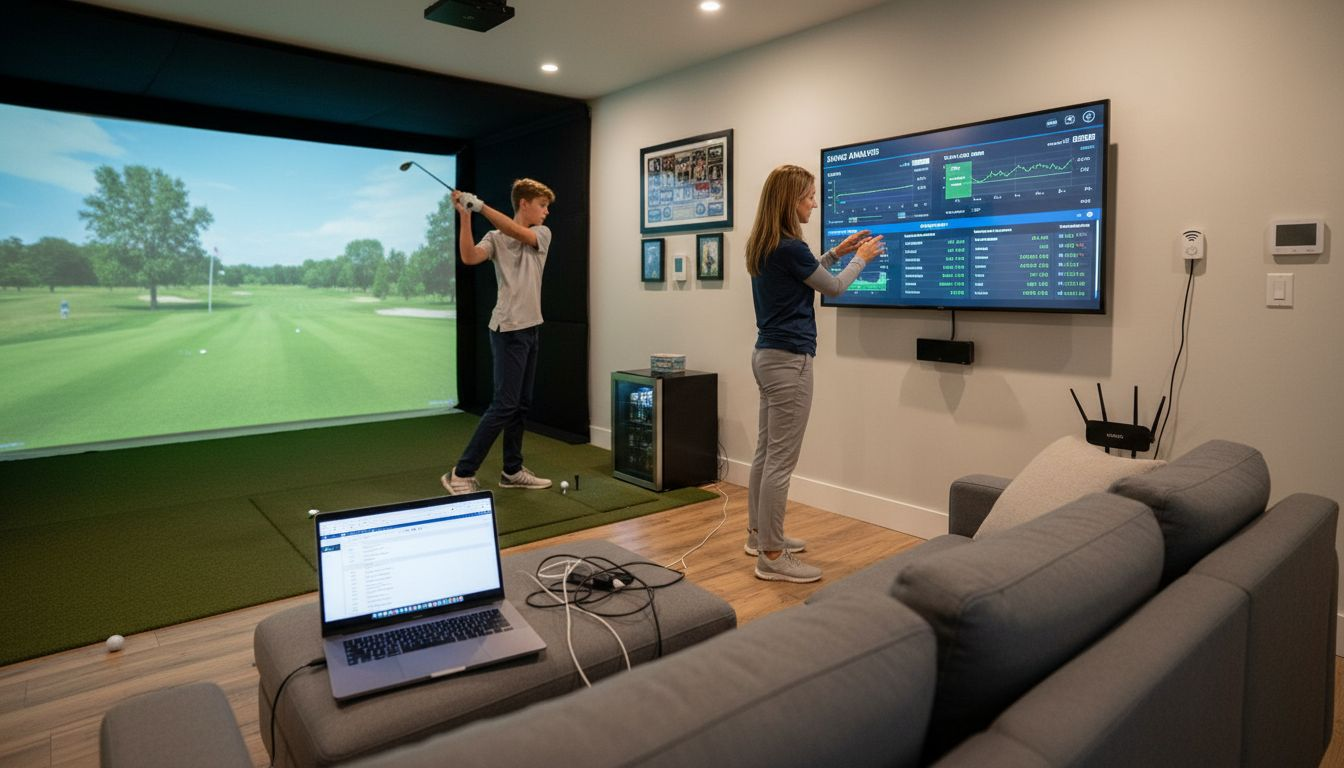 Family using smart home golf simulator features