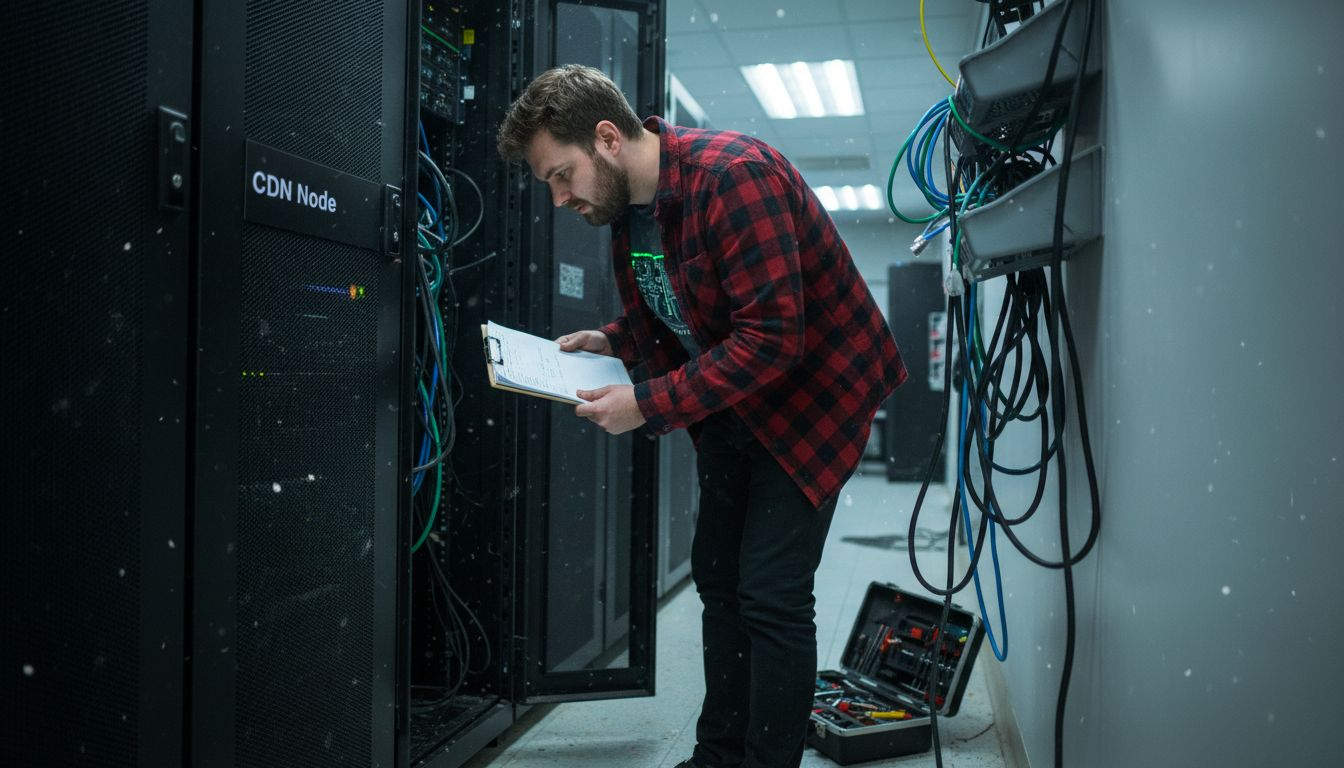 Technician inspects CDN node in server room