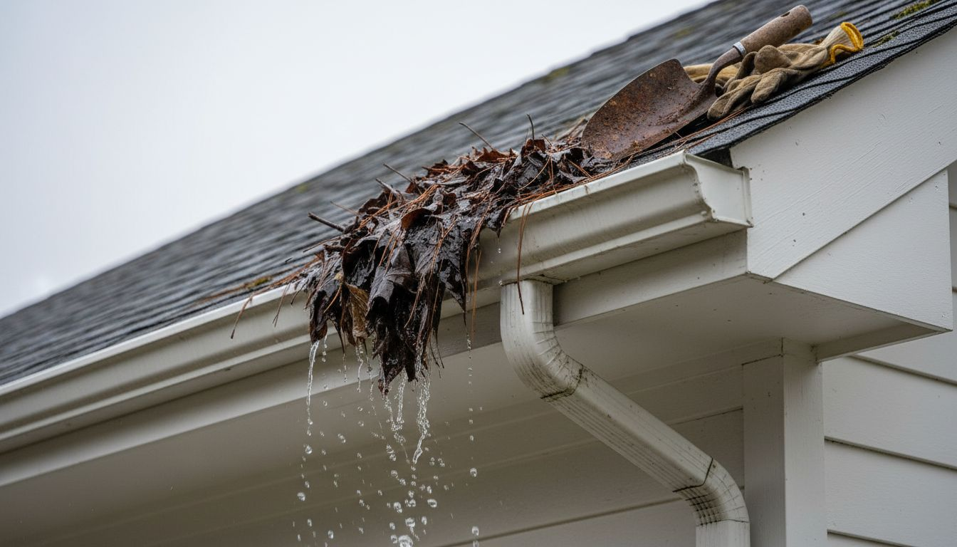 Clogged gutter overflowing after heavy storm