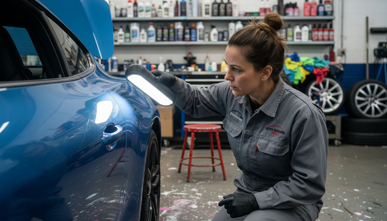 Technician inspecting car paint with inspection lamp