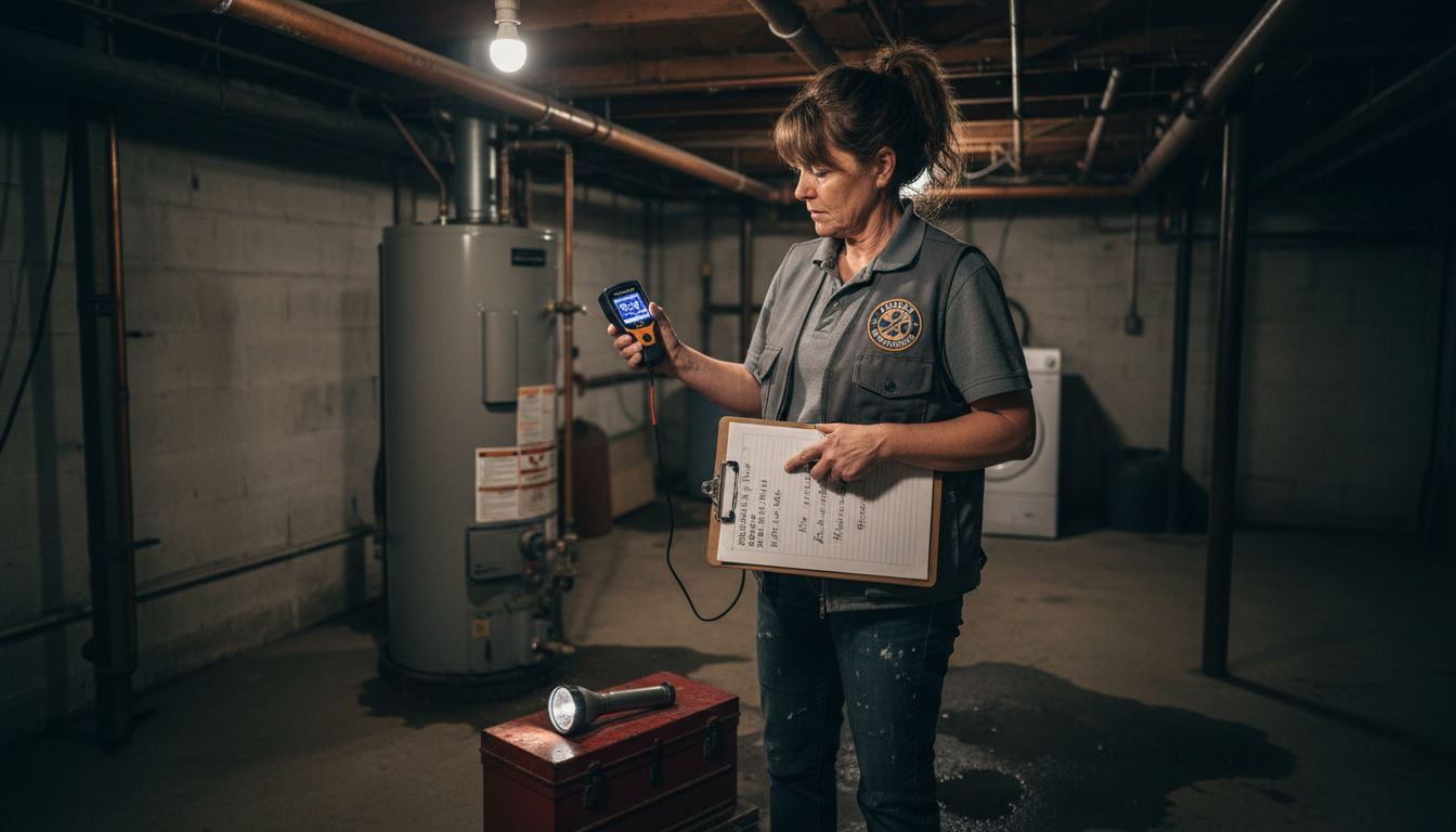 Plumber inspecting water heater for leaks