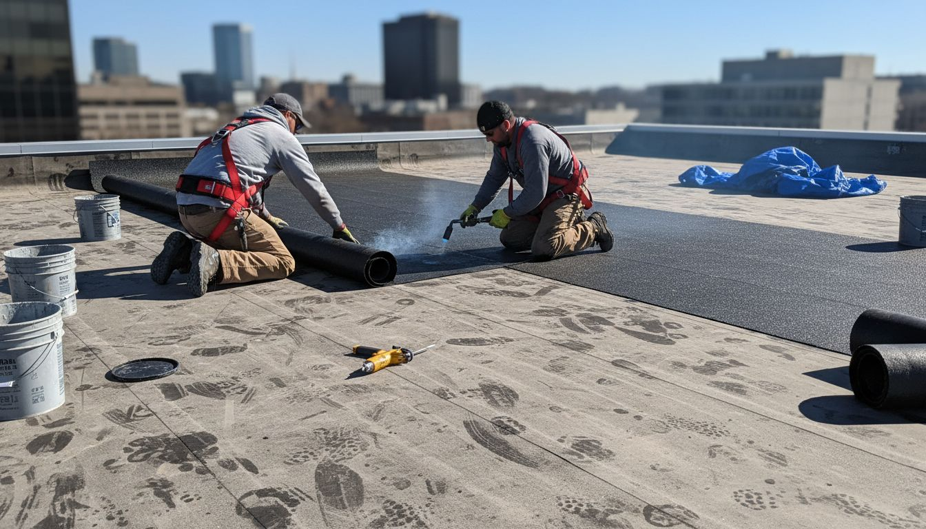 Roofers installing EPDM and modified bitumen membranes