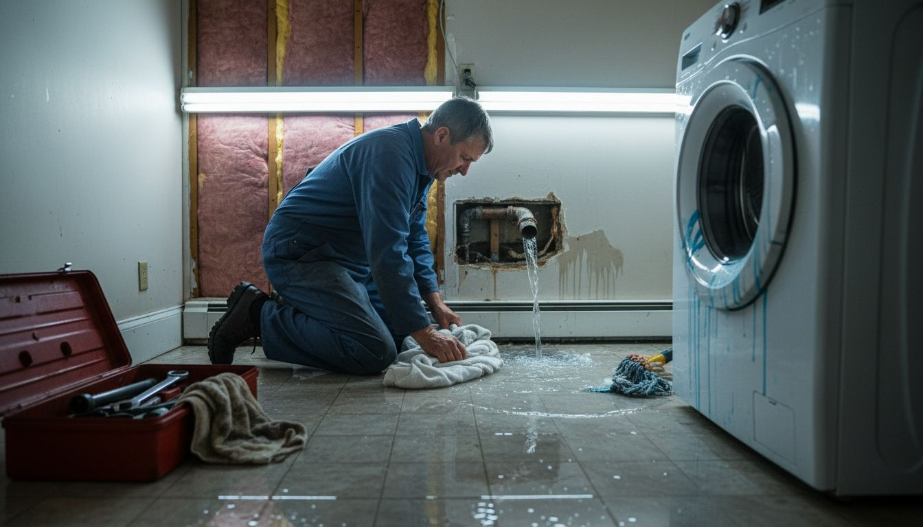 Plumber cleaning burst pipe water damage