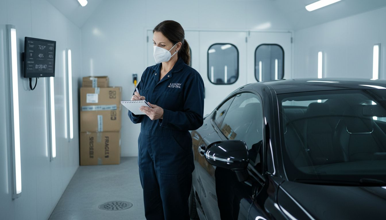 Detailer inspects luxury car curing chamber