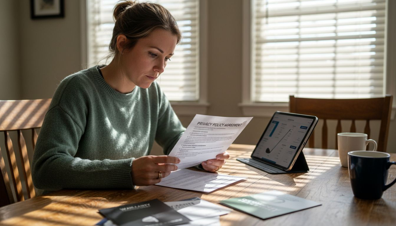 Woman reading golf simulator privacy policy