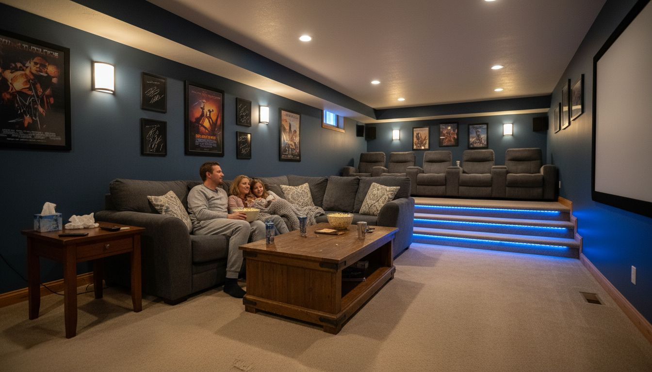Layered lighting in casual home theater setting