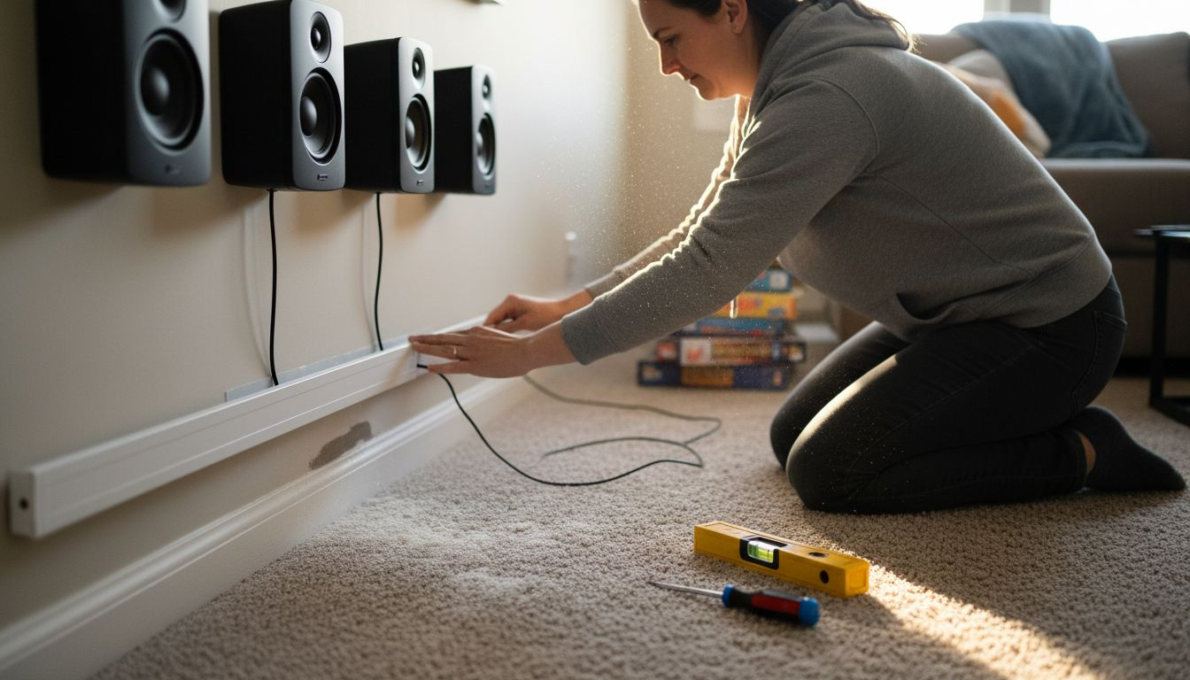 Woman installing wire raceway under wall speakers