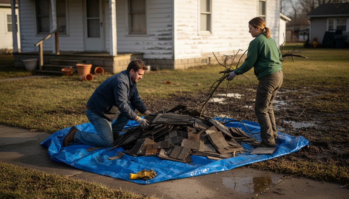 Homeowners clearing debris from roof area