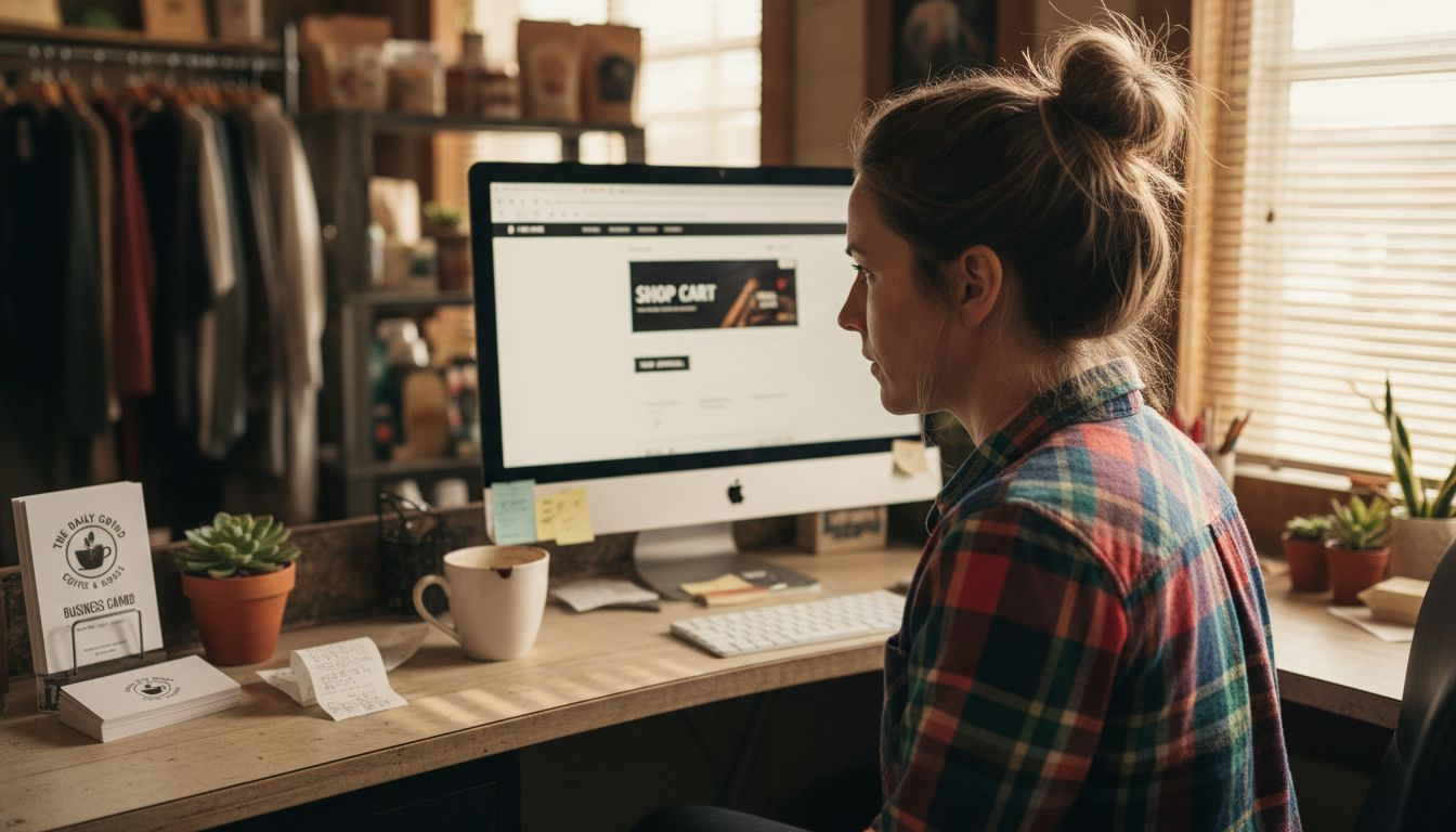 Shop owner editing business website at desk