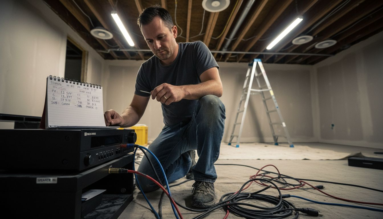 Technician calibrating object-based audio system
