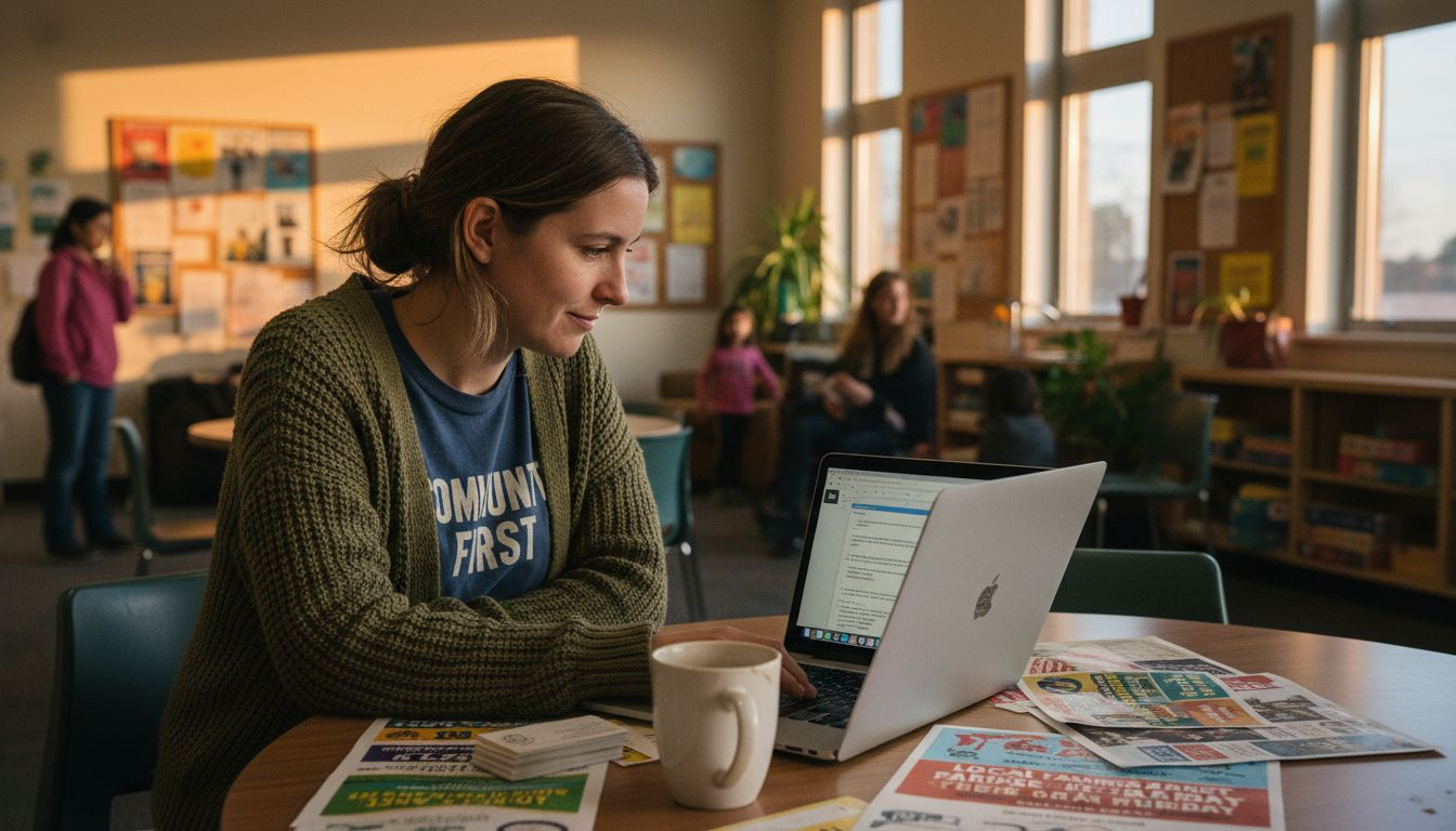 Woman emailing local organizations for backlinks