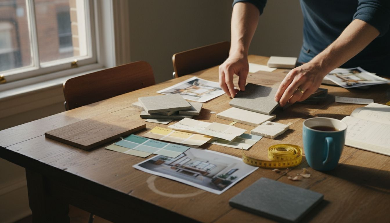 Hands arranging interior materials on table