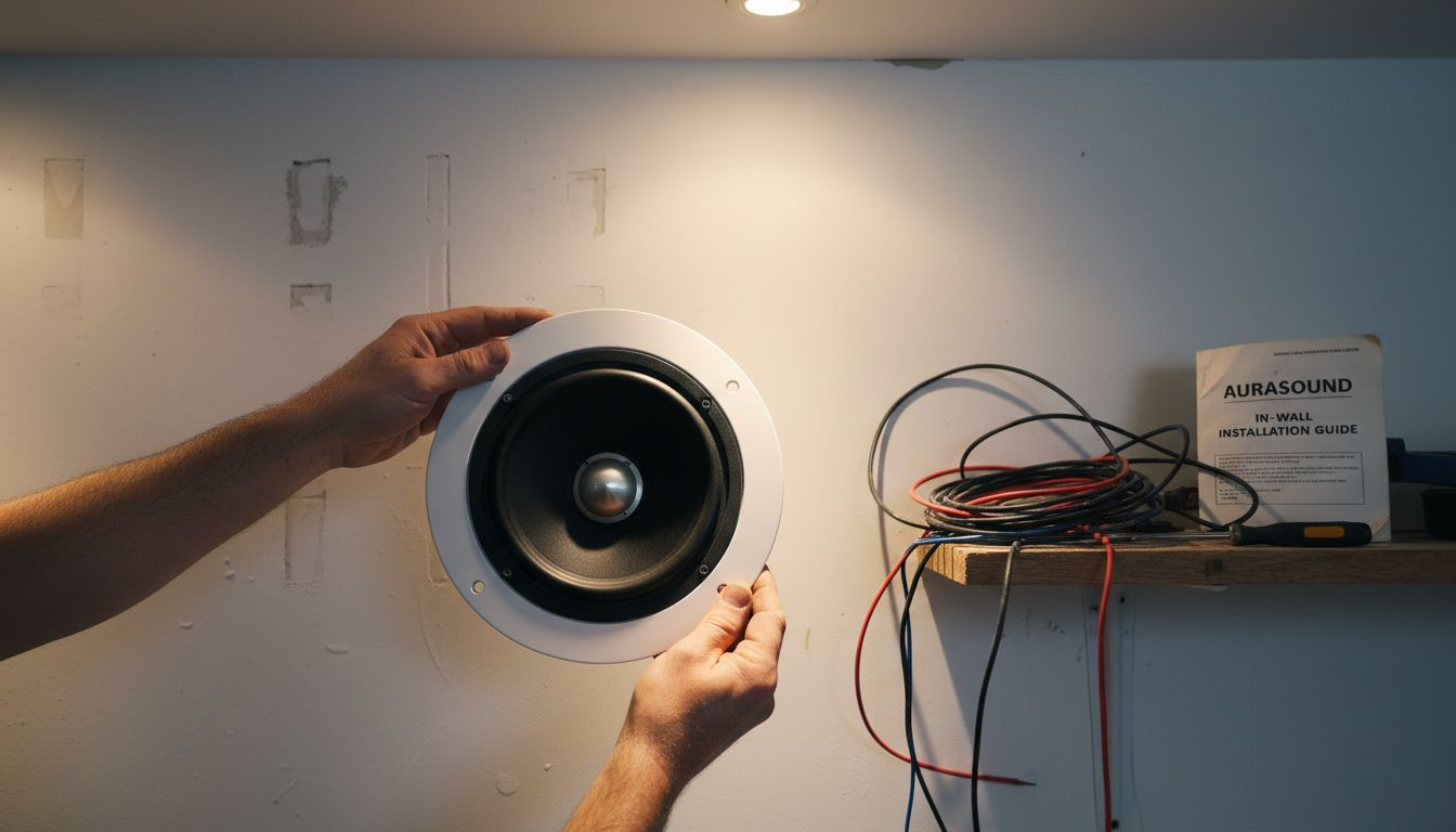 Closeup of in-wall speaker drivers and hands