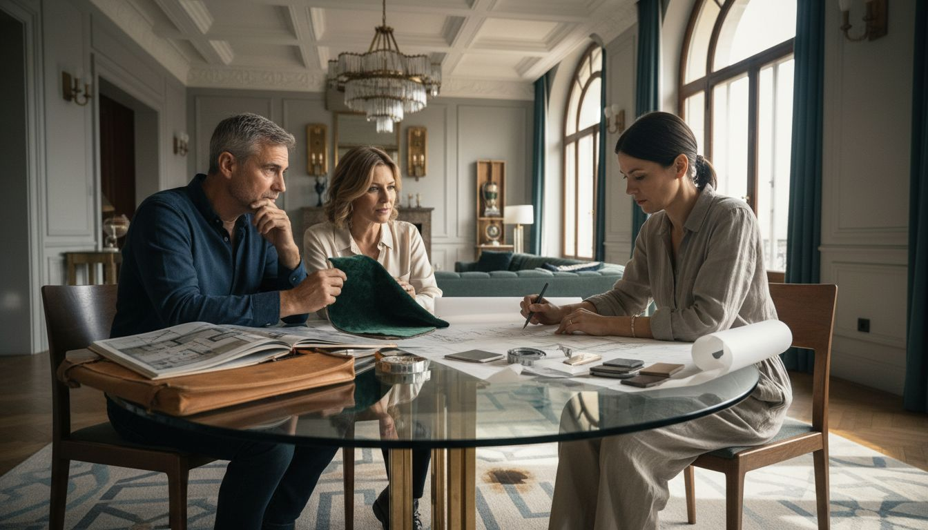Designer consulting clients in elegant living room