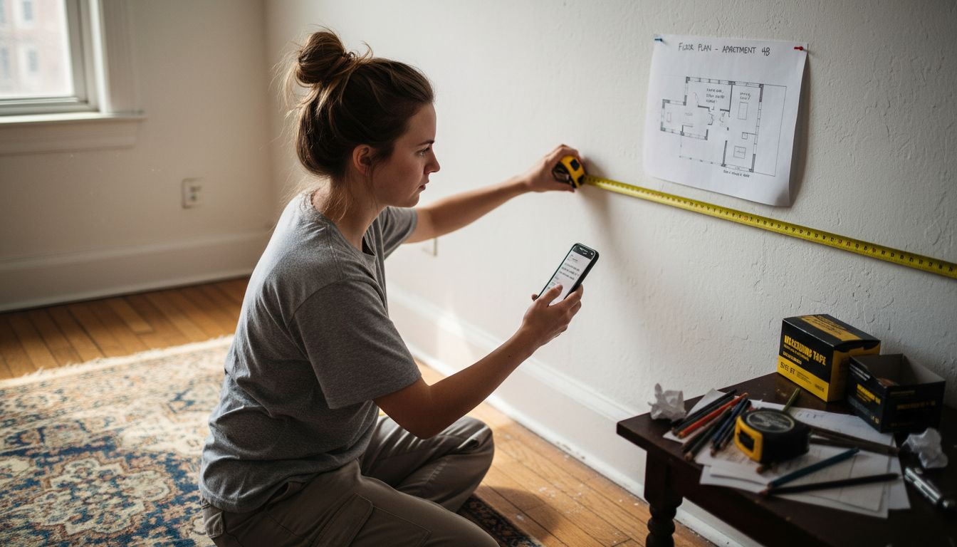 Woman measuring room length for layout planning