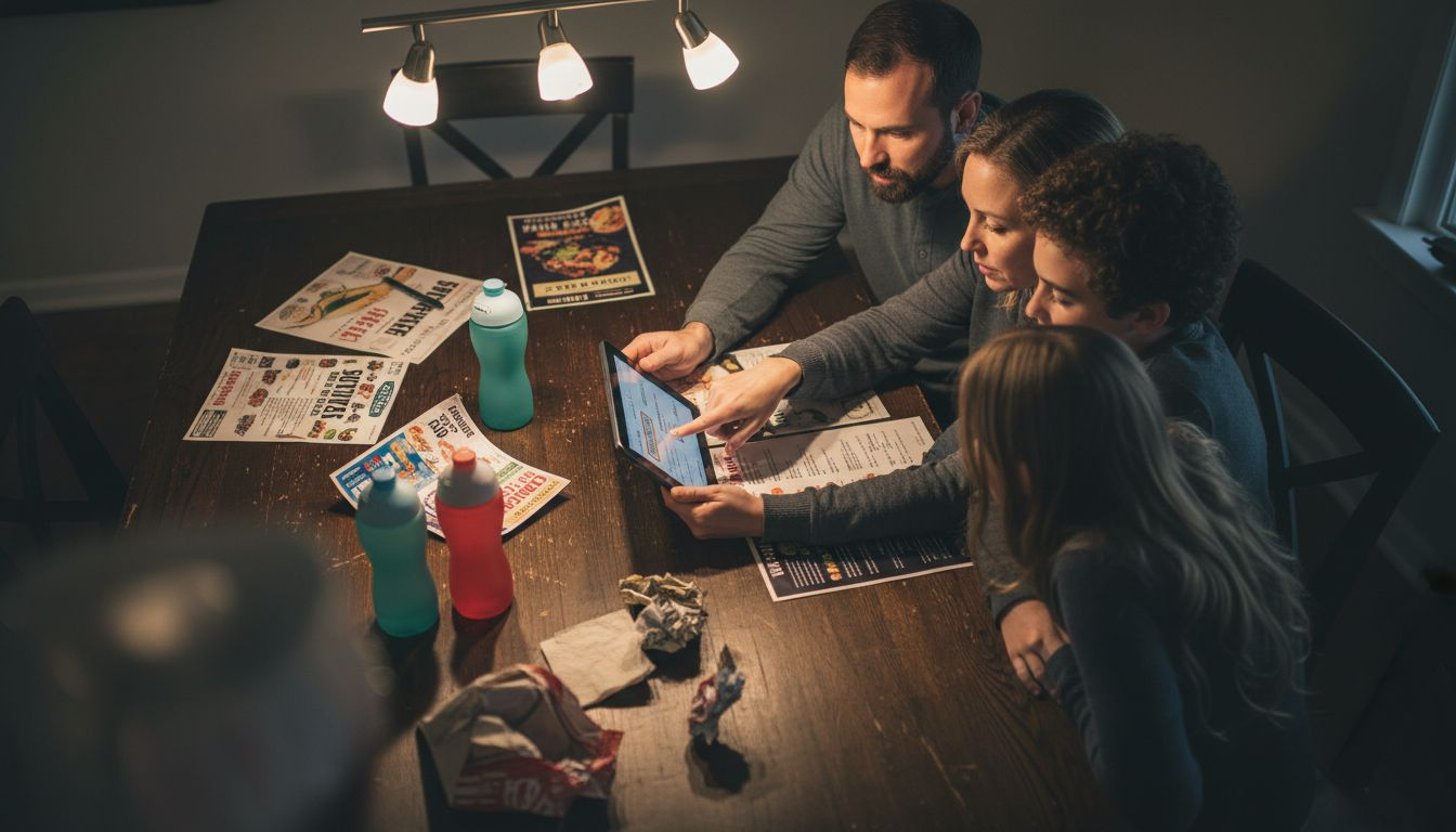 Family reading restaurant reviews on tablet