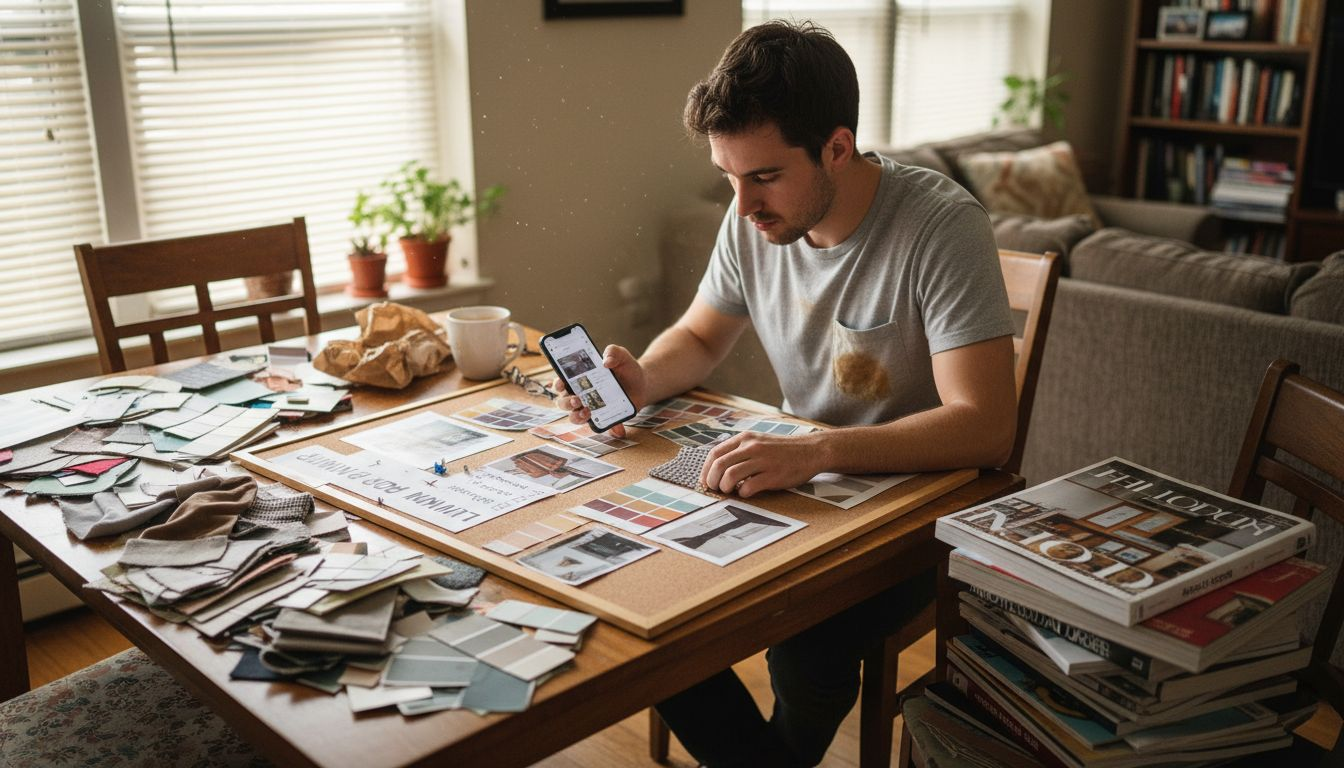 Man assembling home decor mood board