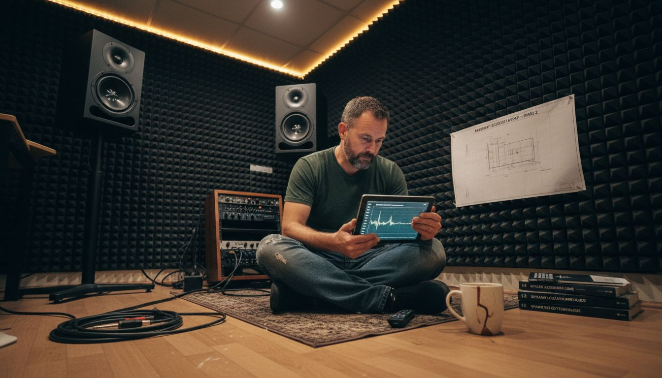 Audio engineer calibrating home speaker setup